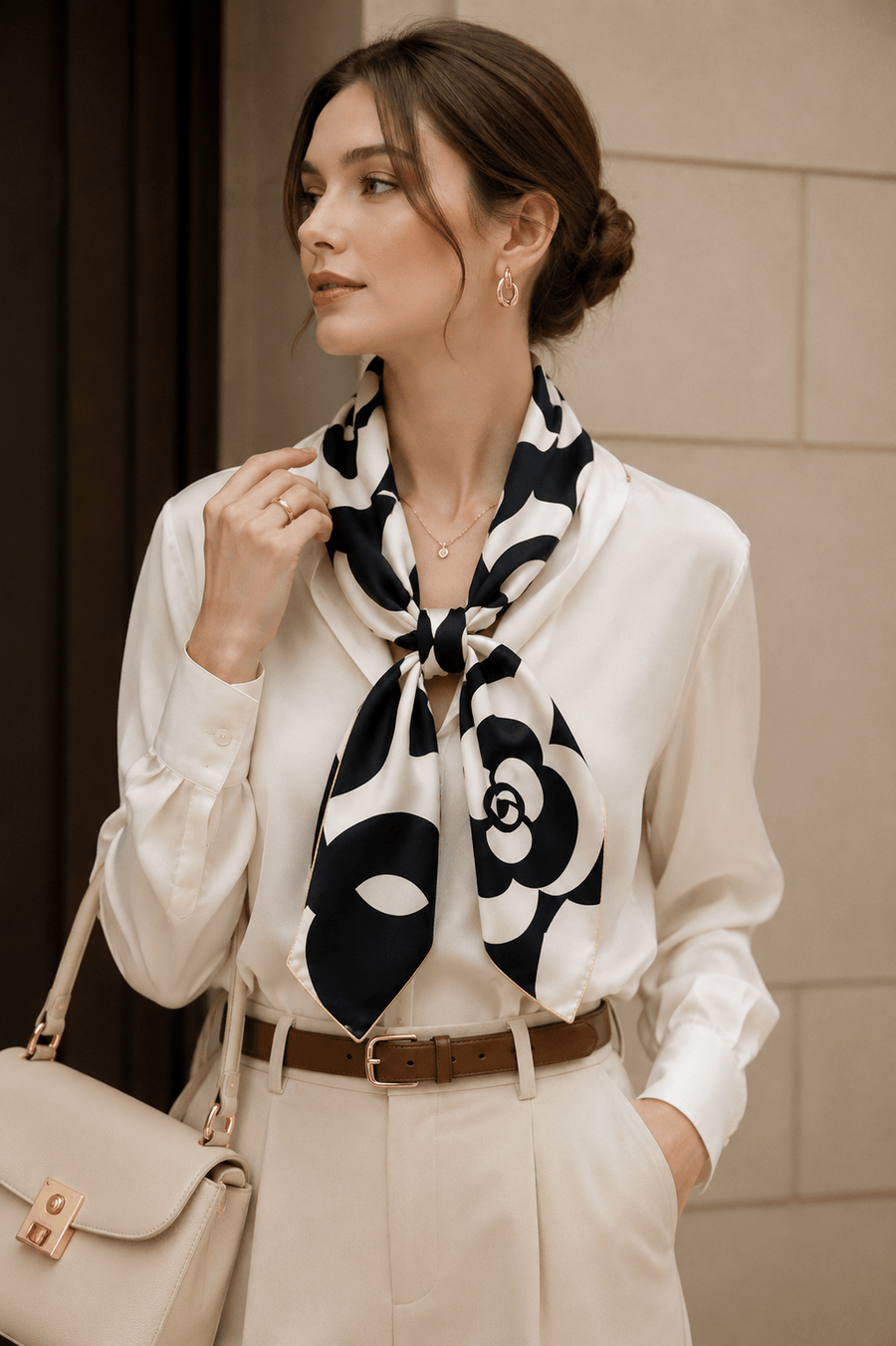 Silk scarf styled on model | scarf-only