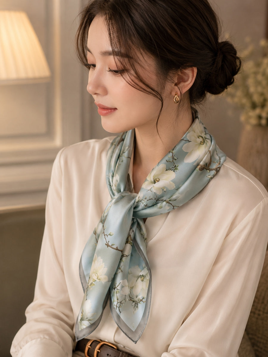Model wearing Camellia Mist Blue 50 cm silk scarf