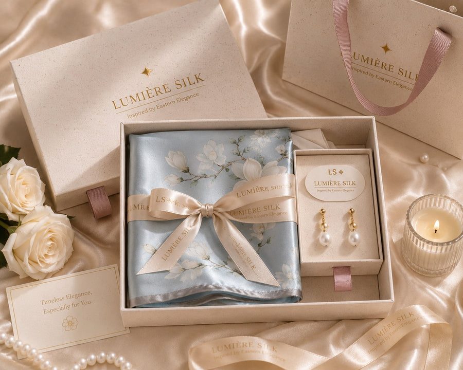 Camellia Mist Blue 50 cm silk scarf and pearl drop earrings gift set