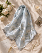Camellia Mist Blue 50 cm silk scarf flat lay
