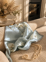 Camellia Mist Blue 50 cm silk scarf lifestyle styling