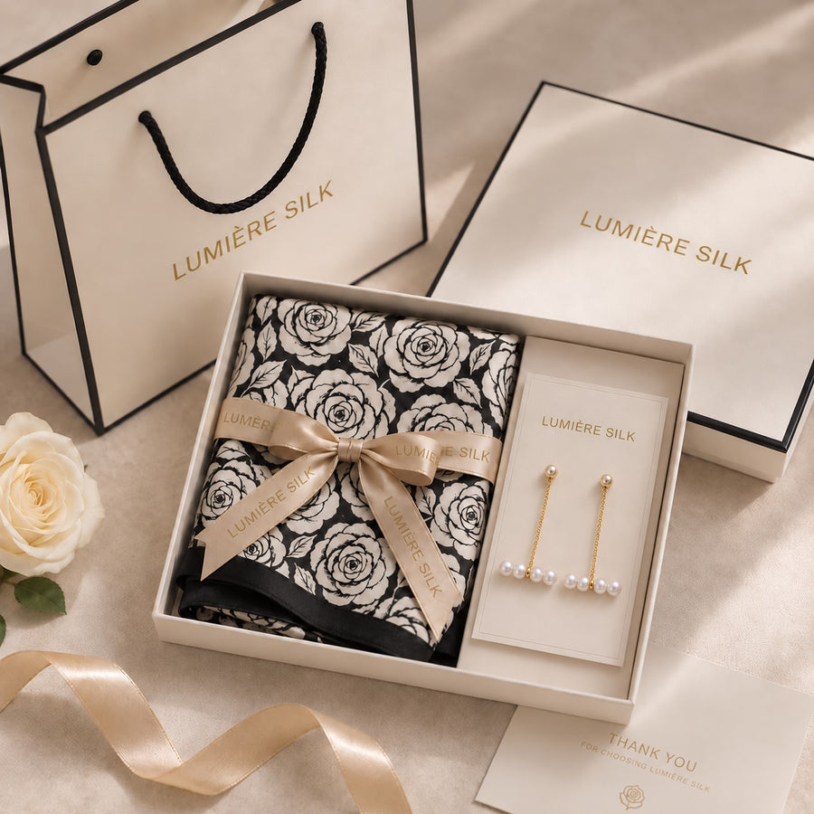Chessboard Rose 65 cm silk scarf and pearl earrings gift set