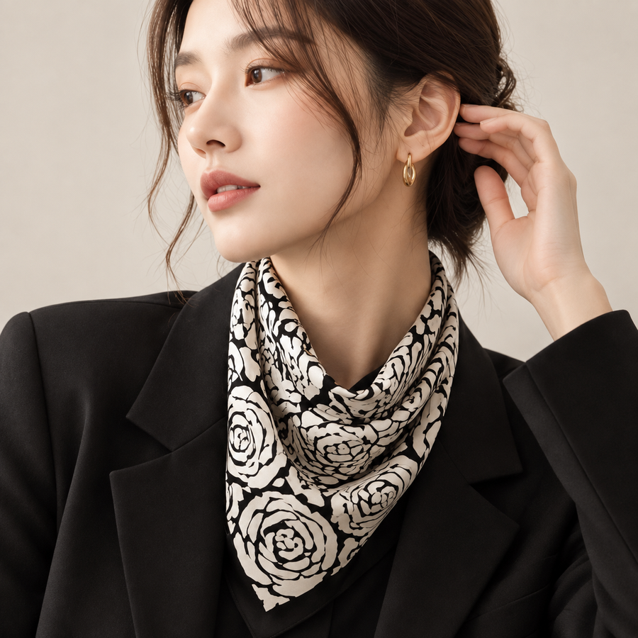Model wearing the Chessboard Rose 65 cm silk scarf with a black blazer