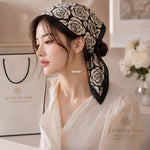 Model styling Chessboard Rose 65 cm silk scarf as a headscarf