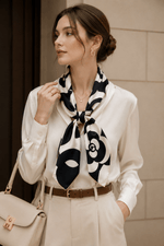 Silk scarf styled on model
